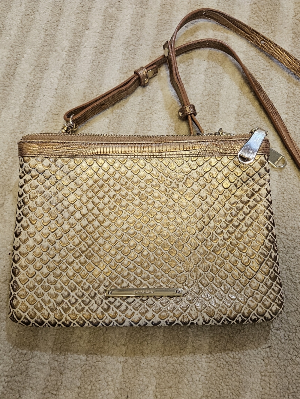 Brahmin Perri Crossbody Gold Metallic Croc Embossed Latte Java